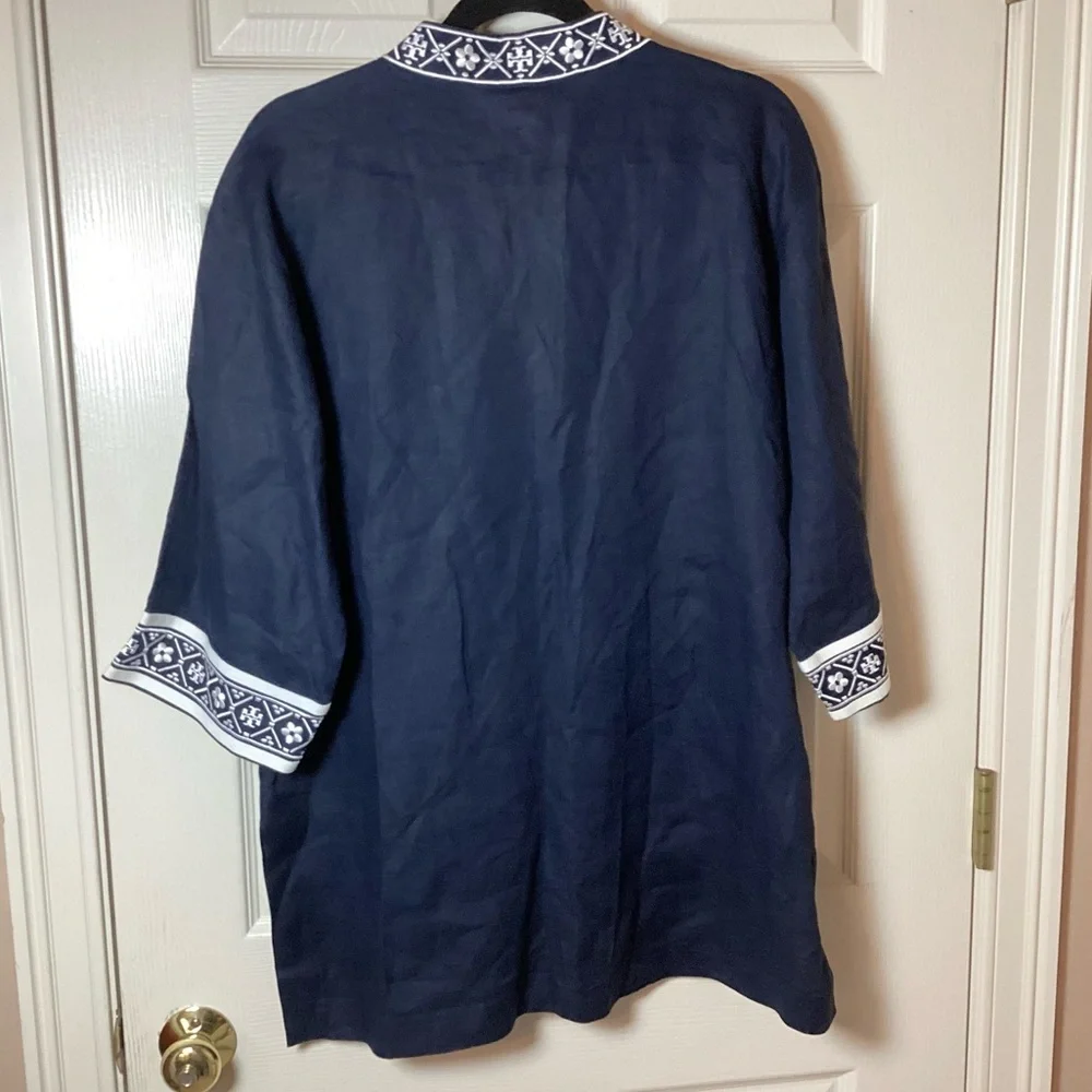 Tory Burch Stephanie Linen Navy Beach Coverup with White Embroidered Trim - M